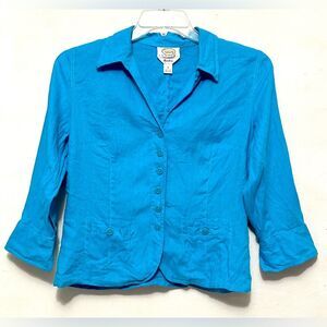 TALBOTS Petites Irish Linen Teal Turquoise Collared Button Up Jacket 8